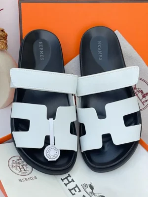Hermès Chypre White & Black H-Cutout Slide Sandals
