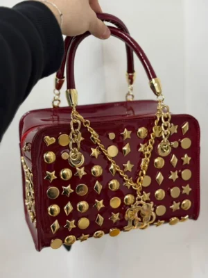 burgundy-patent-studded-top-handle-bag-gold-chain-niger Studded Top Handle Bag