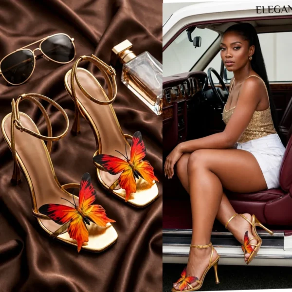 Gold strappy stiletto heel with 3D red orange butterfly crystal decoration and ankle strap Nigeria