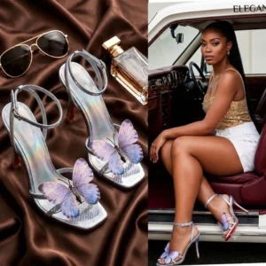 Silver holographic strappy stiletto heel with 3D purple butterfly crystal decoration and ankle strap Nigeria