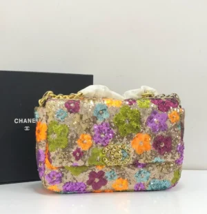 chanel-19-flap-bag-multicolour-floral-sequin-beige-gold-chain-nigeria Chanel 19 flap bag multicolour floral sequin embellished beige with gold chain strap in branded box Nigeria