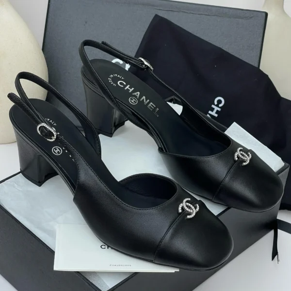 Chanel cap-toe slingback block heel all black leather with crystal CC logo Nigeria