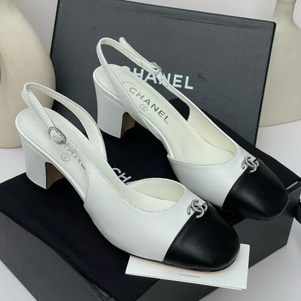 Chanel cap-toe slingback block heel white and black leather with crystal CC logo Nigeria