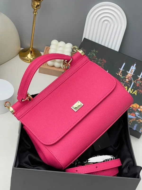 Dolce Gabbana Sicily top handle bag hot pink fuchsia leather with gold DG plate hardware in branded box Nigeria