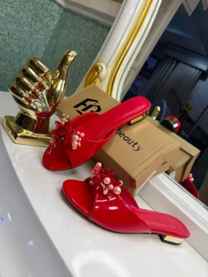 Feet Beauty red patent leather pearl crystal flower mule flat – Pamzy Wears Lagos