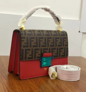 fendi-kan-i-top-handle-ff-monogram-red-leather-teal-clasp-nigeria Fendi KAN I top handle FF monogram flap with red leather and teal F clasp Nigeria