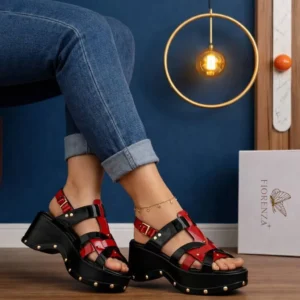Fiorenza platform wedge sandal black and red patent leather straps with gold stud detail Nigeria