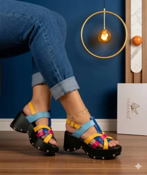 fiorenza-platform-wedge-sandal-multicolour-blue-yellow-pink-gold-studs-nigeria Fiorenza platform wedge sandal multicolour blue yellow pink leather straps with gold stud detail Nigeria