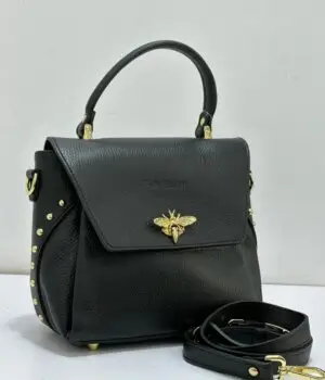 Gilda Ferretti black pebbled leather top handle bag with gold bee clasp and stud detailing Nigeria