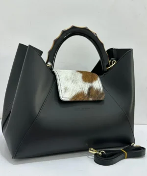 Gilda Ferretti large structured tote black leather with cowhide pocket and bamboo handle Nigeria
