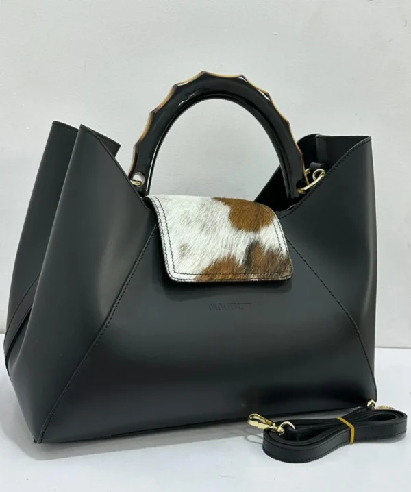 gilda-ferretti-large-structured-tote-black-leather-cowhide-bamboo-nigeria Gilda Ferretti large structured tote black leather with cowhide pocket and bamboo handle Nigeria