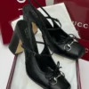 gucci-horsebit-slingback-block-heel-black-leather-silver-horsebit-bow-nigeria Gucci Horsebit ballet flat black GG mesh lace fabric with mary jane strap Italy Nigeria