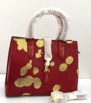 hermes-birkin-style-red-pony-hair-gold-dot-print-top-handle-tote-nigeria Hermès style red pony hair top handle tote with gold metallic dot print Nigeria