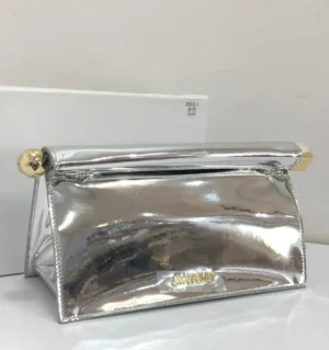 Jacquemus Le Chiquito silver mirror metallic clutch bag with silver logo and chain strap Nigeria