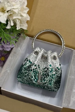Jimmy Choo Bon Bon crystal embellished bucket bag silver to emerald green gradient with crystal ring handle in branded box Nigeria