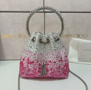jimmy-choo-bon-bon-crystal-bucket-bag-silver-pink-gradient-crystal-handle-nigeria