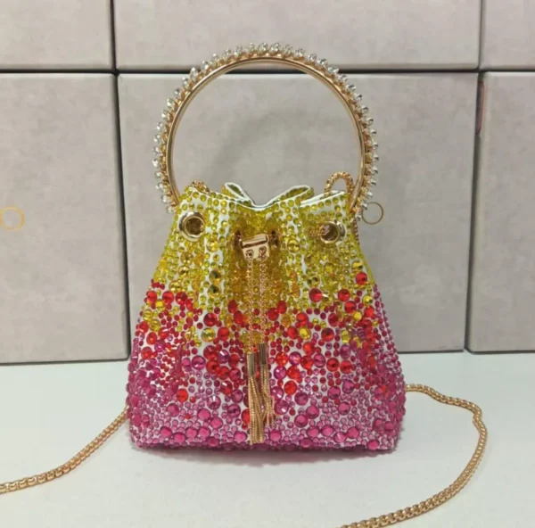 Jimmy Choo Bon Bon crystal embellished bucket bag yellow to pink gradient with crystal gold ring handle and chain strap Nigeria