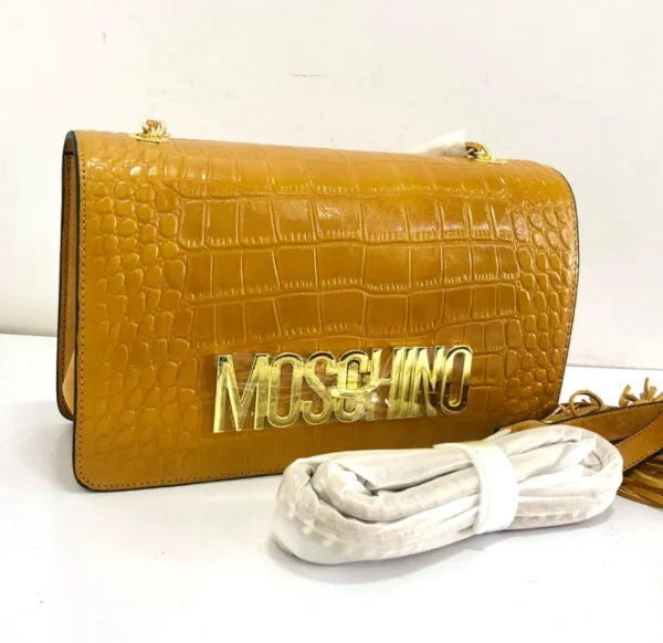 moschino-croc-embossed-flap-bag-mustard-caramel-gold-moschino-logo-chain-nigeria Moschino Croc-Embossed Flap Bag