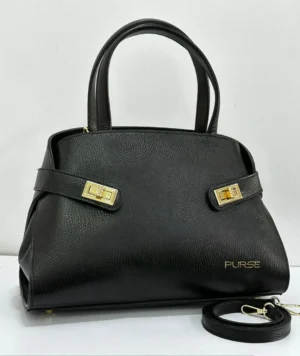 purse-structured-top-handle-tote-black-pebbled-leather-gold-nigeria PURSE black pebbled leather structured top handle tote with gold turn-lock hardware Nigeria