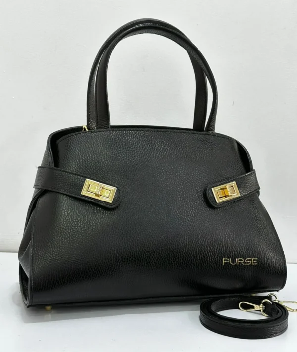 PURSE black pebbled leather structured top handle tote with gold turn-lock hardware Nigeria