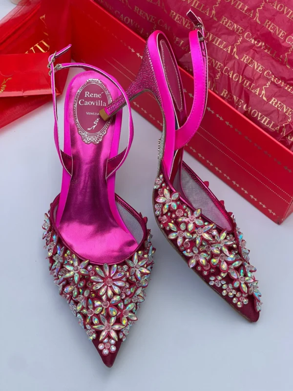 René Caovilla Fuchsia Crystal Floral Embellished Slingback Heels