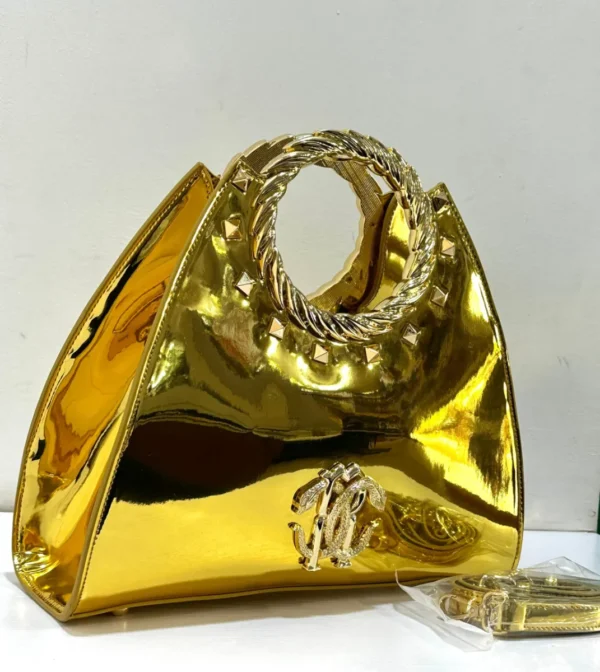 Roberto Cavalli Gold patent leather fan-shaped satchel with gold laurel wreath top handle RC logo and pyramid studs Nigeri
