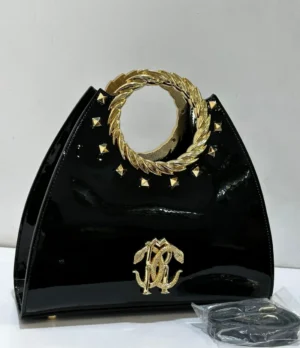 roberto-cavalli-black-patent-fan-satchel-gold-wreath-handle-rc-logo-studs-nigeria Roberto Cavalli Black patent leather fan-shaped satchel with gold laurel wreath top handle RC logo and pyramid studs Nigeria