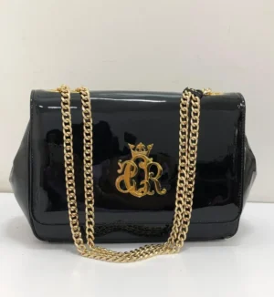 Roberto Cavalli crown logo patent leather shoulder bag black with gold crown RC monogram hardware and chunky gold chain strap Nigeria