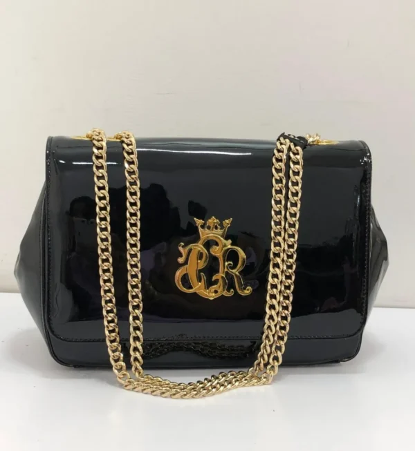 roberto-cavalli-crown-logo-patent-shoulder-bag-black-gold-chain-nigeria Roberto Cavalli crown logo patent leather shoulder bag black with gold crown RC monogram hardware and chunky gold chain strap Nigeria