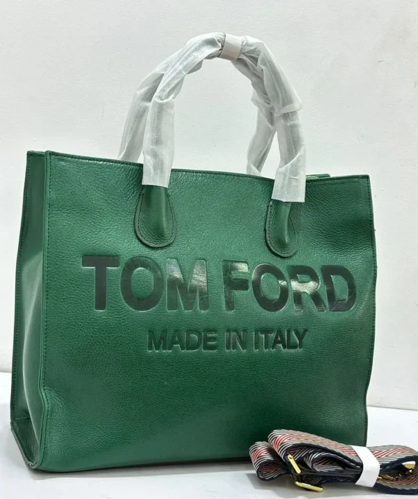 Tom Ford logo debossed leather tote bag in emerald green with detachable striped strap, made in Italy