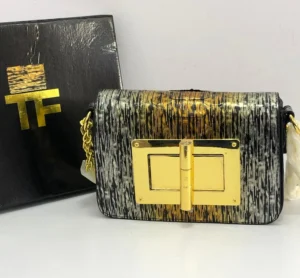 Tom Ford Natalia crossbody bag in black and gold python print with gold chain strap, Pamzy Wears