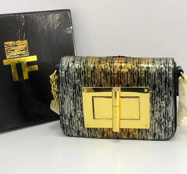 Tom Ford Natalia crossbody bag in black and gold python print with gold chain strap, Pamzy Wears