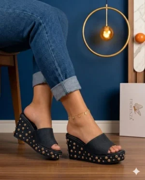 Topmoda pearl studded wedge mule nude beige with gold ball stud embellished platform Nigeria