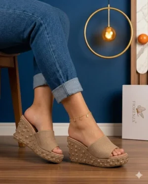 Topmoda pearl studded wedge mule nude beige with gold ball stud embellished platform Nigeria