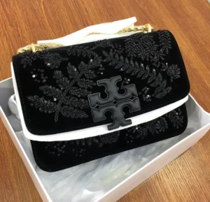 Tory Burch Eleanor black velvet fern-embellished sequin embroidered shoulder bag with gold chain and T logo Nigeria