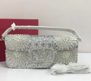 Valentino sequin and pearl floral embellished shoulder bag silver white with structured top handle in branded box Nigeria
