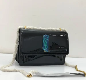 YSL Sunset shoulder bag black patent leather with green YSL logo hardware and gold chain strap Nigeria