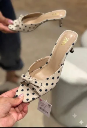 Zara cream beige and navy polka dot kitten heel mule with bow detail Nigeria