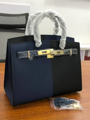 Hermes-Navy-and-black-two-tone-structured-leather-tote-with-gold-hardware.